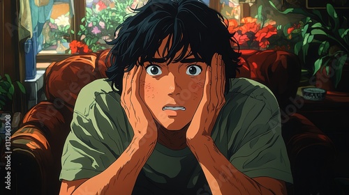 Man with Hands on His Face Expressing Deep Emotions in a Thoughtful Moment, Sitting in a Casual Indoor Setting with Natural Lighting