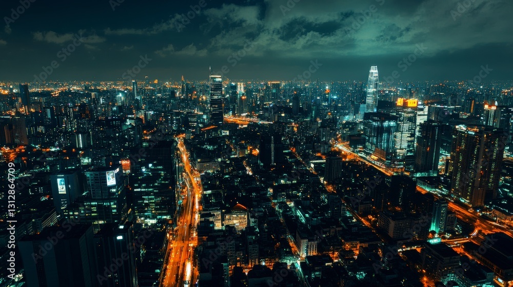 Fototapeta premium Majestic view of urban landscape under starlit skies.