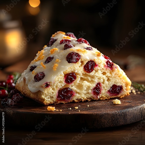 Festive Cranberry Scone: A close-up of a delicious cranberry scone with icing and cranberries, evoking feelings of warmth and comfort
