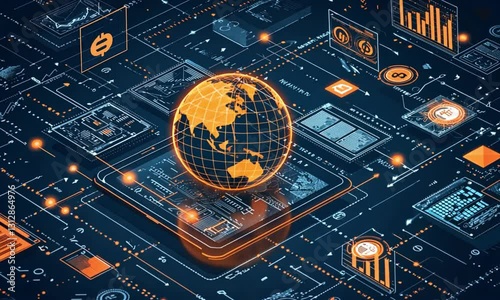 Global network digital technology with data and graphs.
