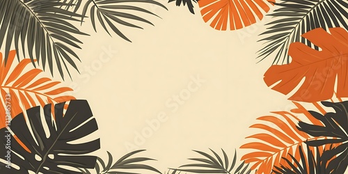 Tropical leaves frame beige background. Perfect for summer designs