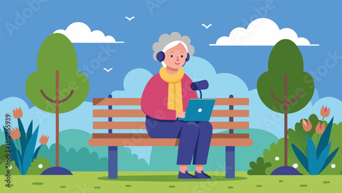 On a peaceful park bench an older woman records her podcast episode on local legends and folklore.. Vector illustration