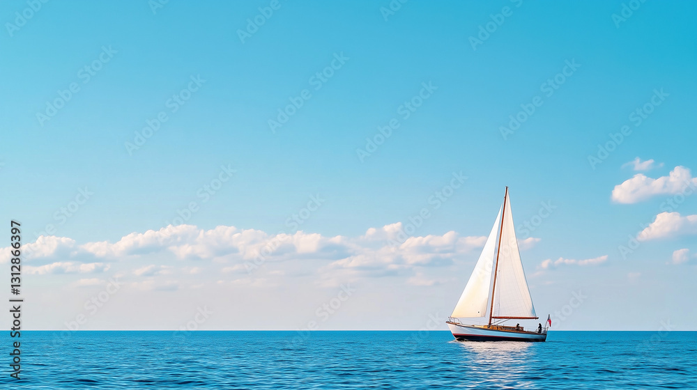 Obraz premium Solitary sailboat gliding on the ocean, in serenity against a clear sky