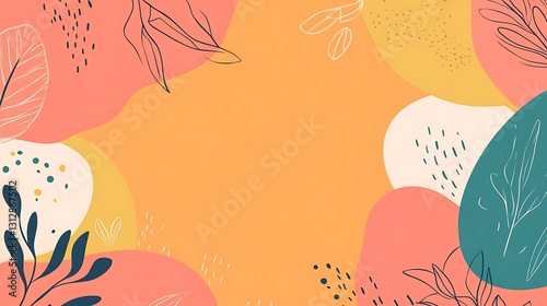 Abstract background with organic shapes, leaves, and warm color palette. Ample copy space