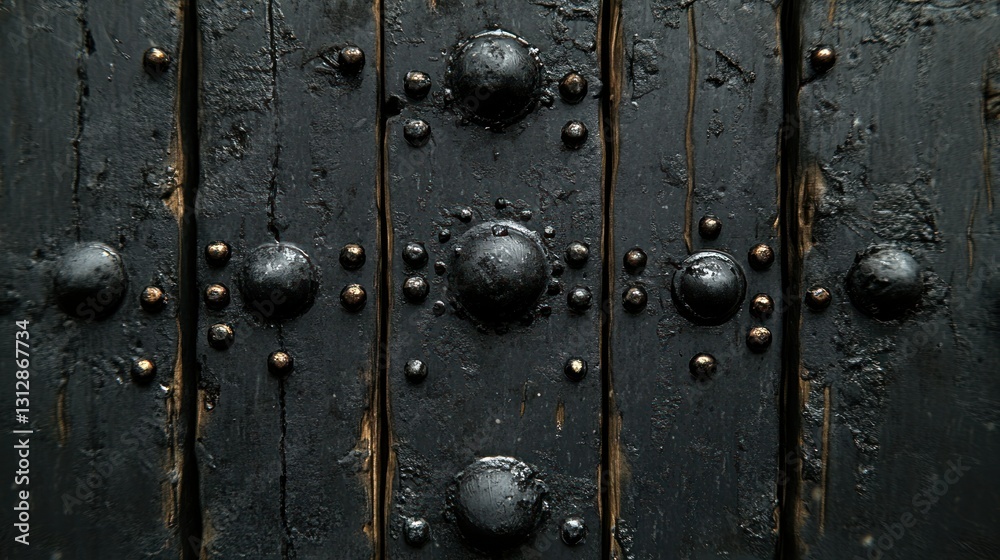 Fototapeta premium Dark Wooden Door Panel with Metal Decorations