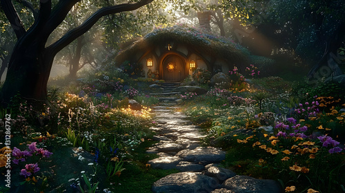Enchanted Forest Cottage with Blooming Flowers and Sunlit Path
