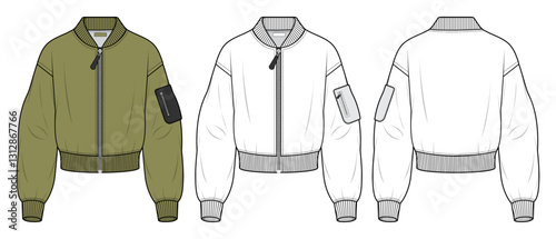 Women's Bomber Jacket - Olive Green | Technical Flat Sketch and CAD Mockup