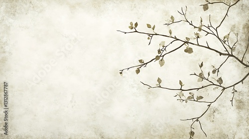 Antique-style image of delicate tree branch with sparse leaves against textured background
