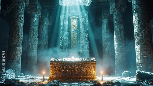 Ancient treasure chest in a mystical cavern photo