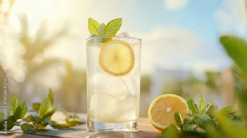 Fototapeta premium Tall Glass of Lemonade, Refreshing, Filled with Ice on a Sunny Day