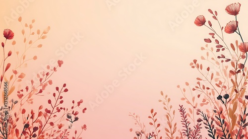 Soft, autumnal floral border on a peachy background. Blank space ideal for text