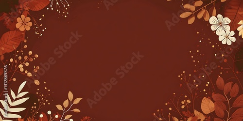 Autumnal border of leaves and flowers on a deep red background
