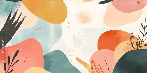 Abstract art with organic shapes and muted colors.  Warm tones and nature-inspired elements