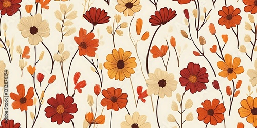 Autumnal floral pattern with warm-toned flowers and branches