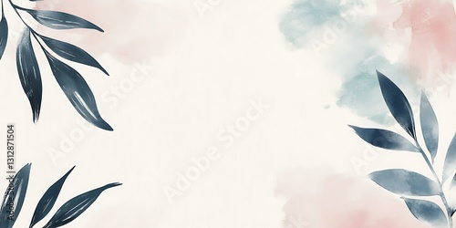 Watercolor leaves design, pastel pink and blue hues, minimalist style