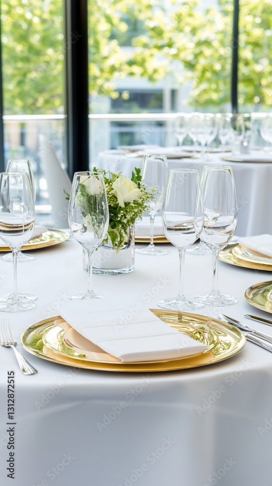 Fototapeta premium Elegant Table Setting Gold Chargers White Plates Floral Arrangement