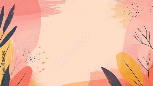 Abstract art featuring pink and orange hues, with stylized leaves and branches forming a border around a blank central space