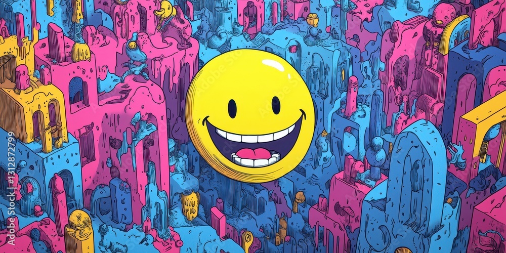 Fototapeta premium A yellow smiling face amidst a colorful abstract cityscape illustration