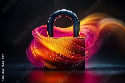Abstract Padlock with Glowing Orange and Red Swirls on Dark Background