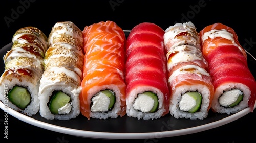 Delicious Sushi Rolls Platter, Assorted Salmon, Tuna, and Eel Maki photo