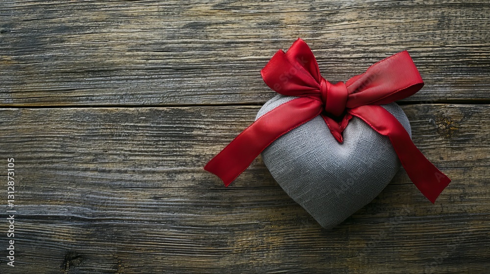 Flat lay Valentine's gift with heart-shaped decorations, wrapped in soft fabric and tied with a red silk ribbon, rustic wood texture Flat lay Valentine's gift with heart-shaped decorations, wrapped in soft fabric and tied with a red silk ribbon, rustic wood texture