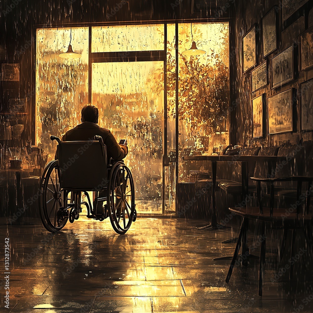 Obraz premium Person in a wheelchair sitting in a cozy cafÃƒÂ© by a rain-streaked window, soft golden light creating a warm atmosphere, ultra-detailed, photorealistic and inviting
