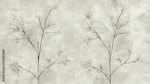 Delicate sepia-toned botanical print featuring two stylized plant stems with leaves against a textured background