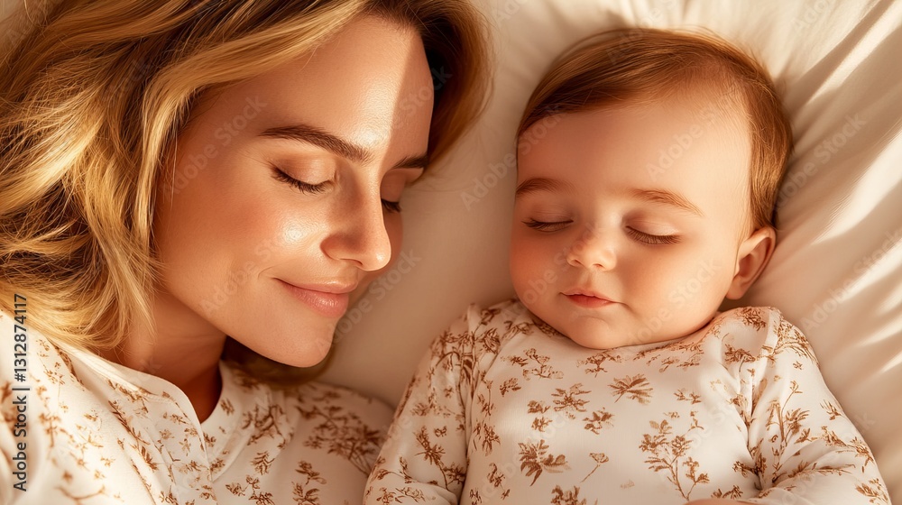 A young mother and her baby peacefully sleeping together. Warm sunlight illuminates their tender moment. A young mother and her baby peacefully sleeping together. Warm sunlight illuminates their tender moment.