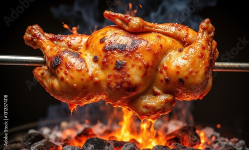 Grilled chicken over glowing coals