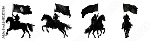 Medieval Knights Riding with Banners Under Dramatic Dark Atmosphere, PNG bundle collection, Isolated on Transparent Background