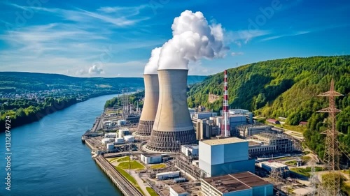 Wallpaper Mural A large nuclear power plant with cooling towers located next to the water, symbolizing atomic energy. Nuclear energy and its impact on sustainability and the environment Torontodigital.ca