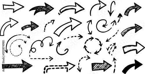 Set of squiggle line dashed arrows. Dash curved vector editable stroke arrows
