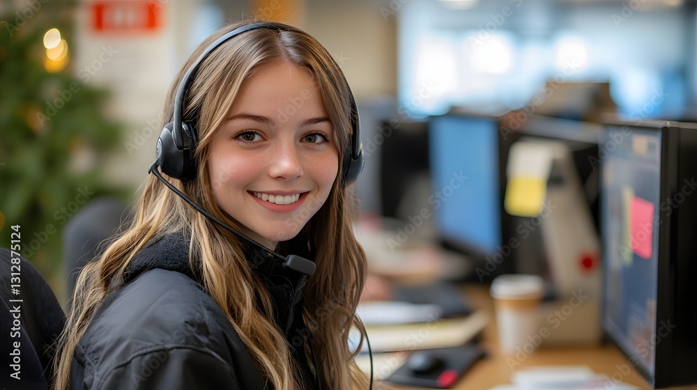 Young call center agent working at 311 helpling assisting citizens with local services and inquiries. Professional representative focused on customer support Young call center agent working at 311 helpling assisting citizens with local services and inquiries. Professional representative focused on customer support