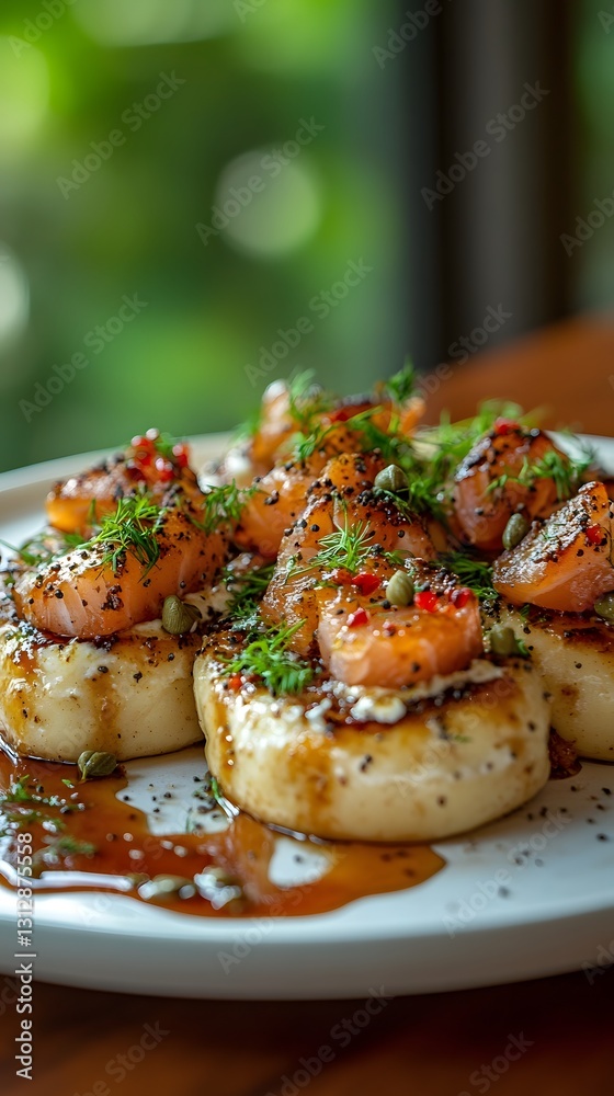 Gourmet Pancakes: An appetizing image of a stack of fluffy pancakes topped with fresh fruit, herbs, and drizzled with a sweet syrup Gourmet Pancakes: An appetizing image of a stack of fluffy pancakes topped with fresh fruit, herbs, and drizzled with a sweet syrup