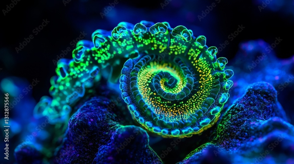 Obraz premium A close-up view of a spiral-shaped Campylobacter jejuni bacterium, illuminated with soft neon green and blue holographic lighting, in a highly detailed 3D style, futuristic
