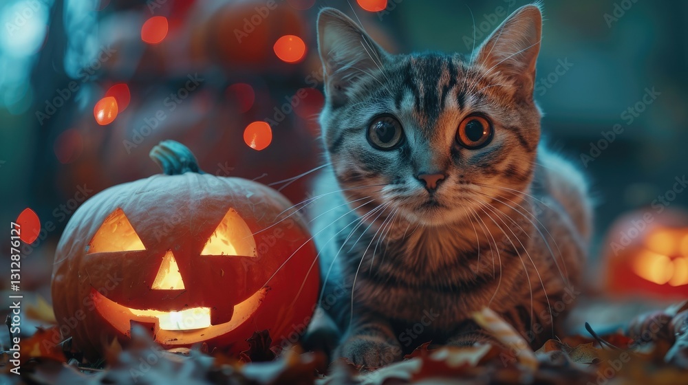 Naklejka premium A cozy scene featuring a cat beside a carved pumpkin, surrounded by autumn leaves and festive lights.