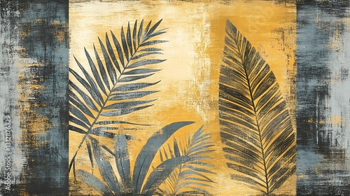 Abstract artwork featuring stylized palm leaves in muted gray and gold tones against a textured background