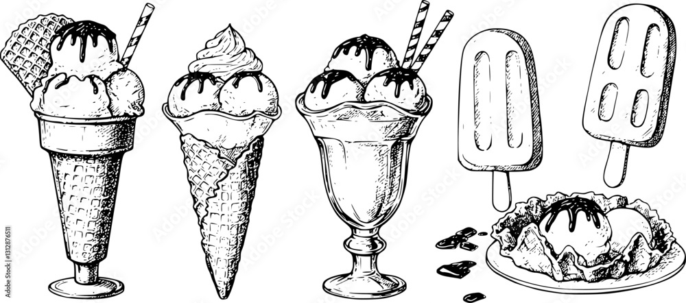 Ice cream vector sketch desserts. Hand drawn wafer cone, gelato, chocolate glazed, sundae, and ice cream served in a glass bowl. Transparent background PNG cutout