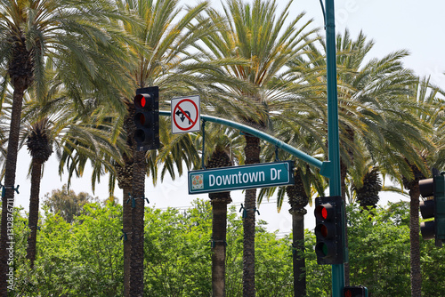 The Downtown Dr sign on the intersection light at Anaheim, California.