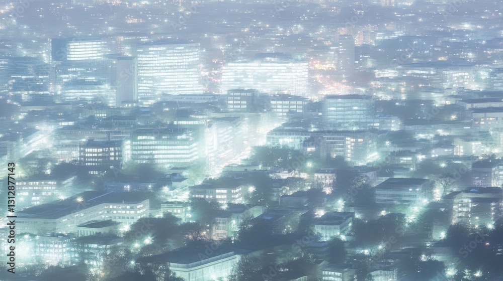 Bright and misty urban landscape at nighttime.