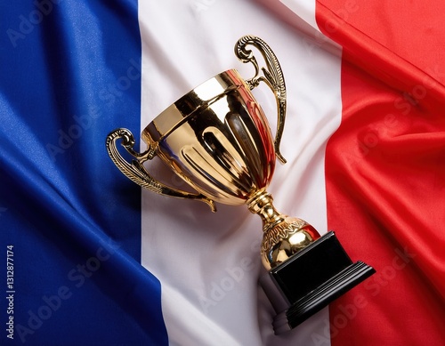 Golden trophy resting on French flag creates a celebratory atmosphere in France