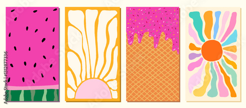 Cute summer groovy set with watermelon, sun, melting ice cream on waffle cone vector background, holiday boho wallpaper, flyer, brochure or menu background