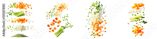 Fresh Chopped Vegetables Floating in Air - Carrots, Celery, Onions, and Green Peas - Isolated on Transparent Background