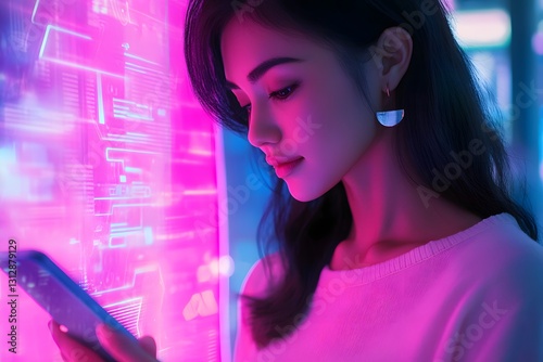 Woman using smartphone, neon light