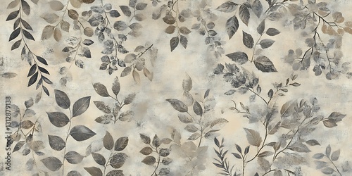 Beige background with scattered gray and brown leaves in various shapes and sizes. Watercolor-like effect