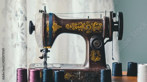 A modern sewing machine surrounded by multi-colored thread spools, black threads prominently featured in the foreground
