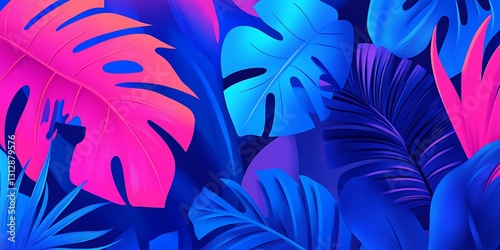 Vibrant neon tropical leaves in pink and blue hues.  Exotic foliage