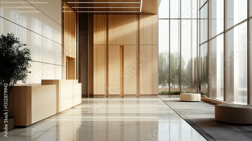 Modern and Luxurious Lobby Interior Design with Wood Paneling and Floor to Ceiling Windows