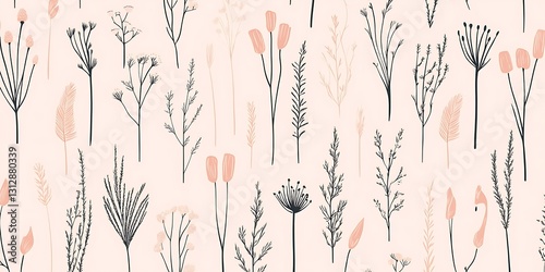Delicate pink and gray floral pattern on a pale background. Seamless design featuring various flowers and grasses
