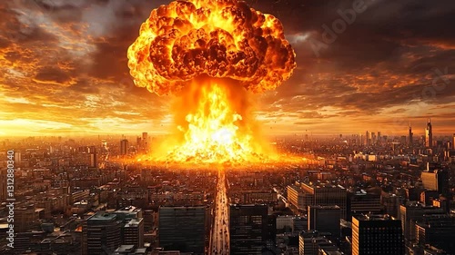 Atomic explosion over city; destruction; cityscape; dramatic sunset; possible use in political commentary